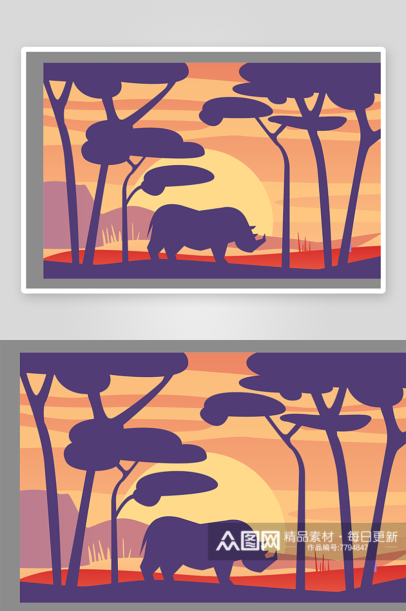 夕阳下的犀牛背景图素材