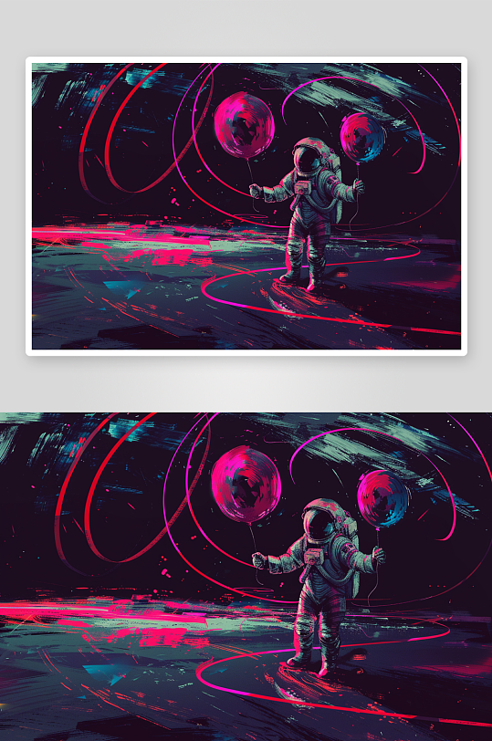 赛博朋克风格的宇航员和气球的插画