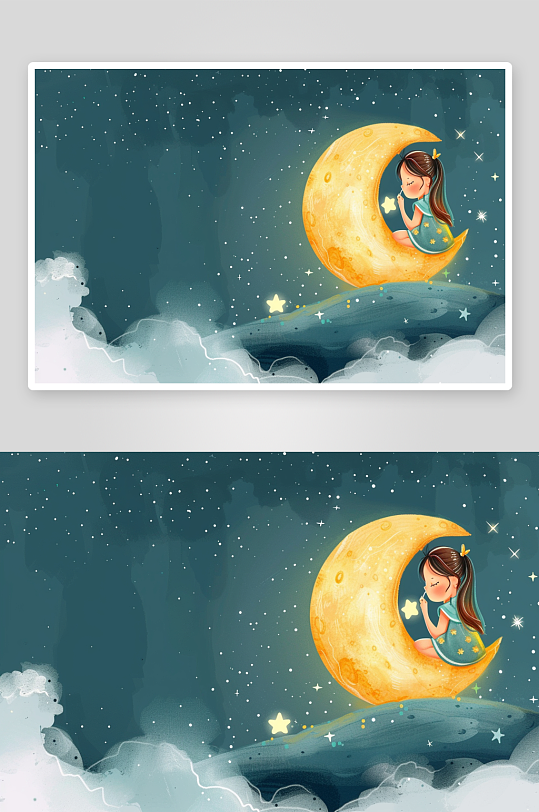 女孩在月亮旁边的插画