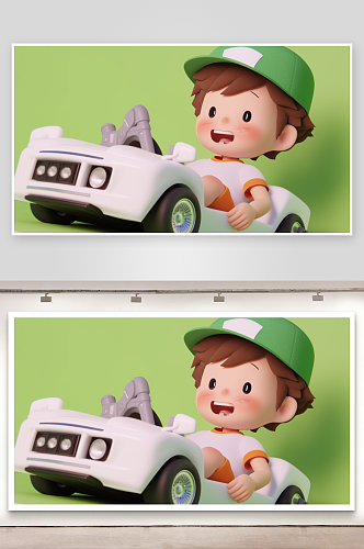 坐着小汽车玩具的卡通男孩