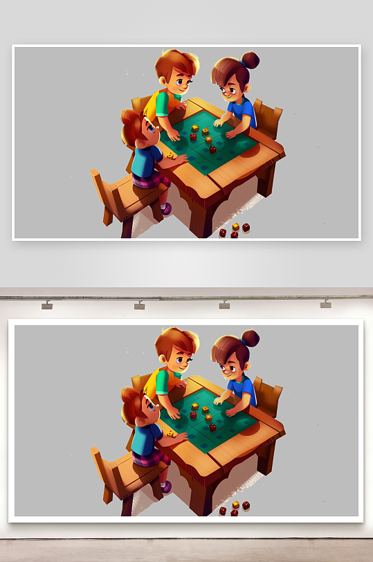 可爱的卡通小孩在玩桌游
