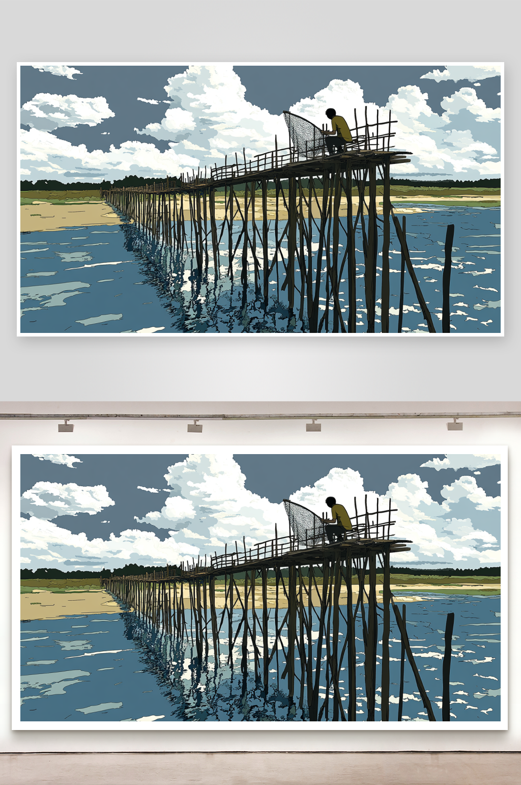 手绘风格海边码头插画背景素材