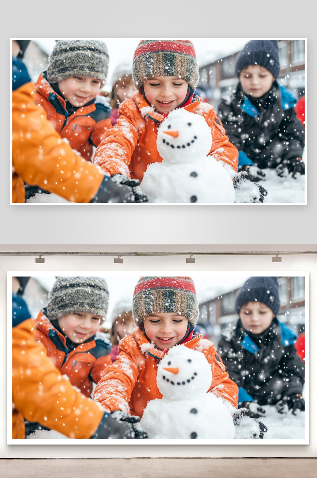 外国小孩堆雪人创意背景素材