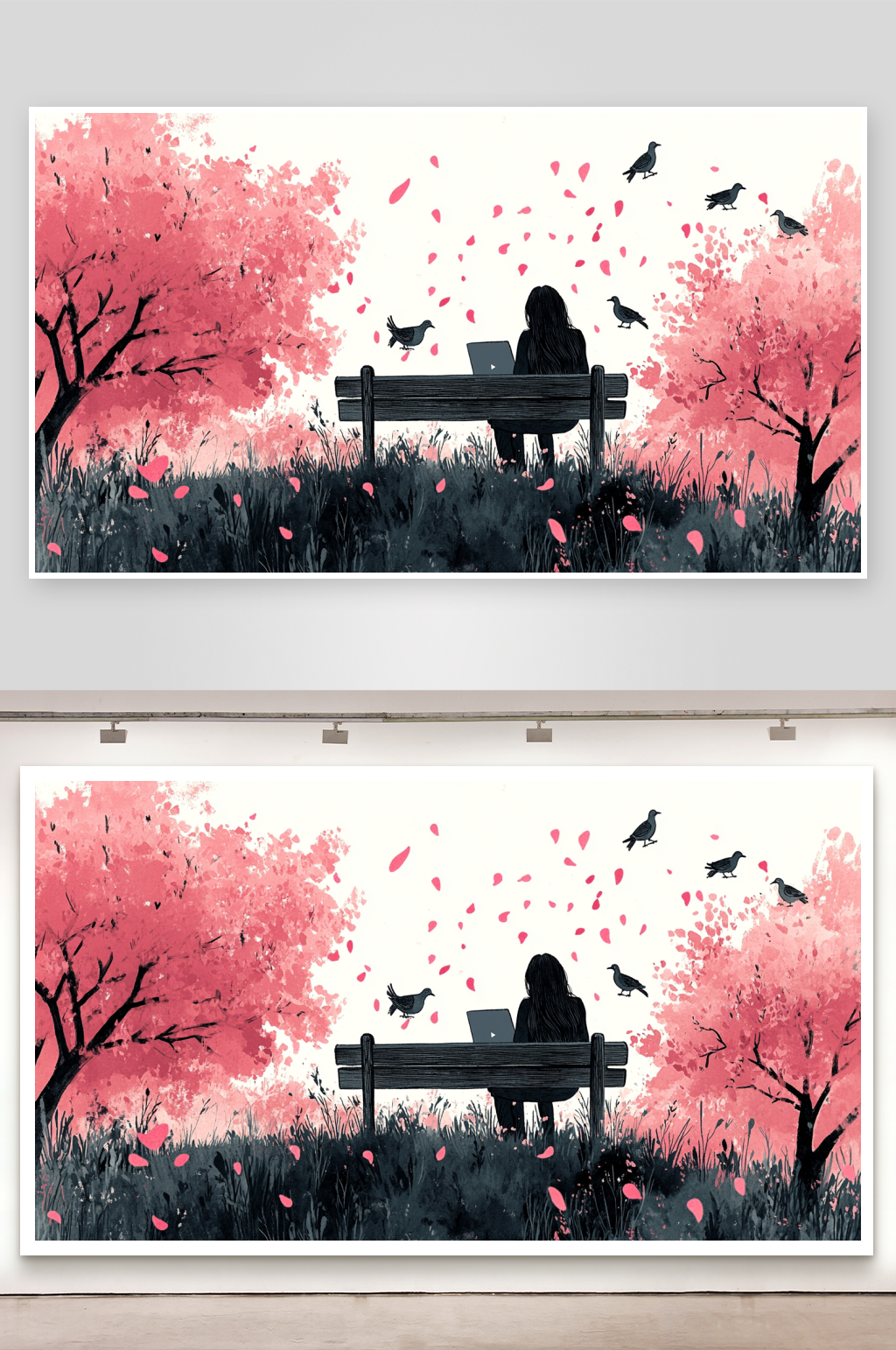 手绘女孩看书插画背景素材