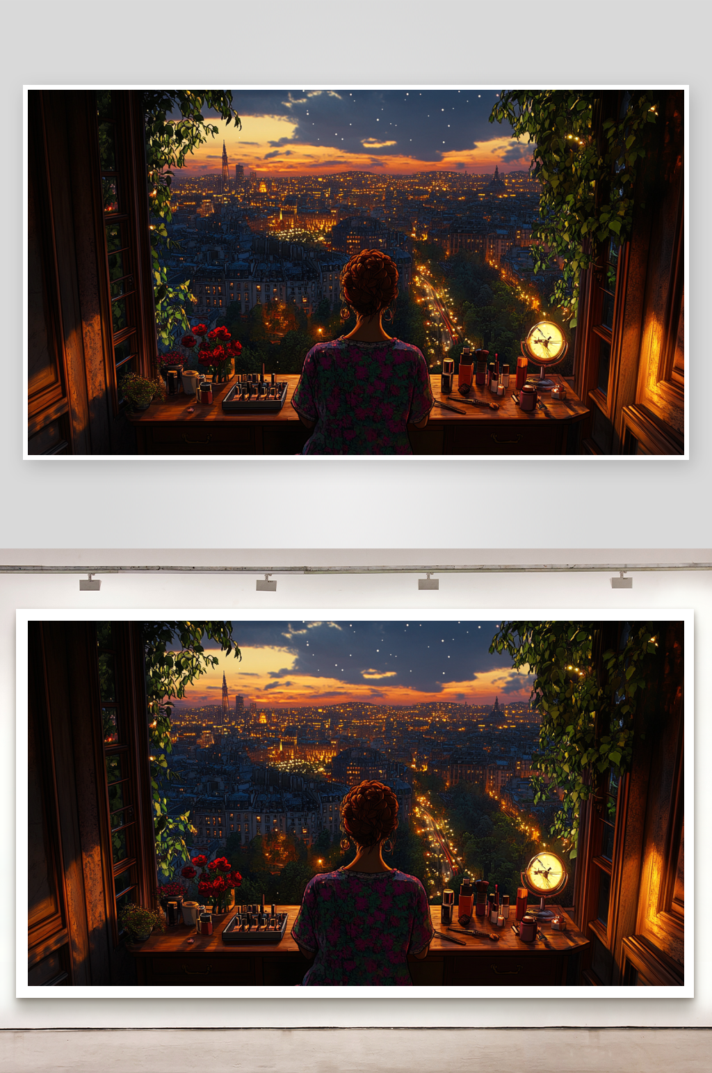 卡通手绘男孩看窗外夜景的背景素材
