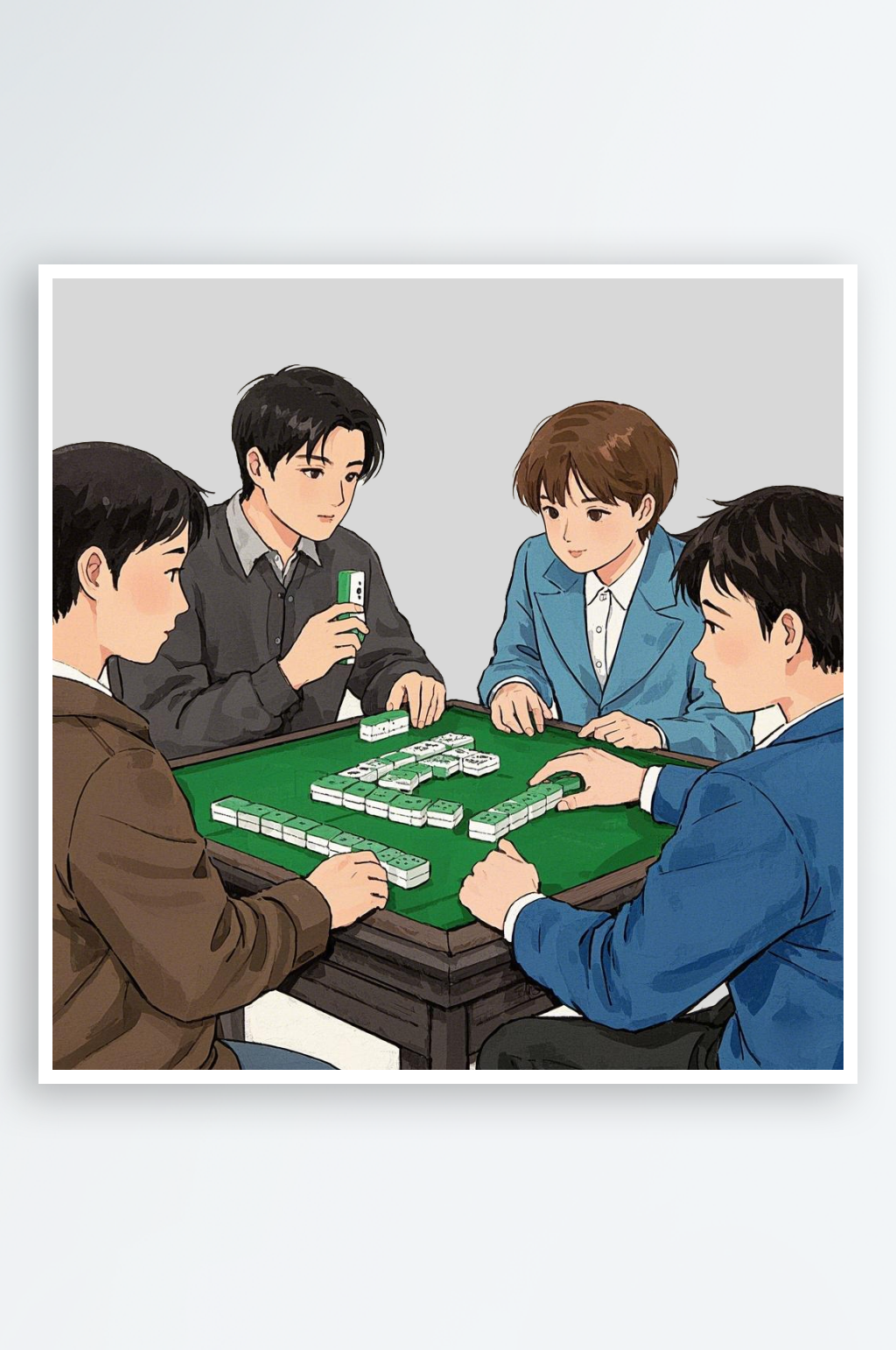 青年们打麻将的手绘元素素材