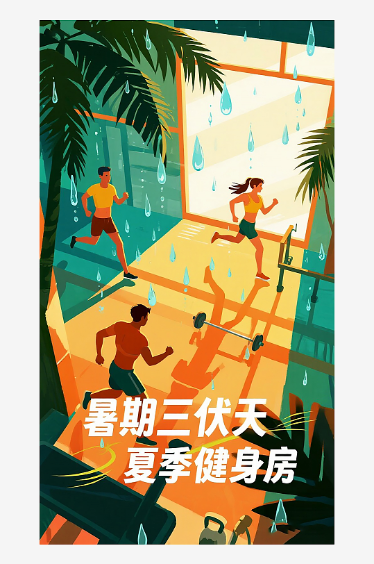三伏天夏季健身房运动插画