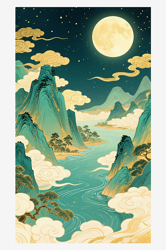 国潮中国风中秋山水插画