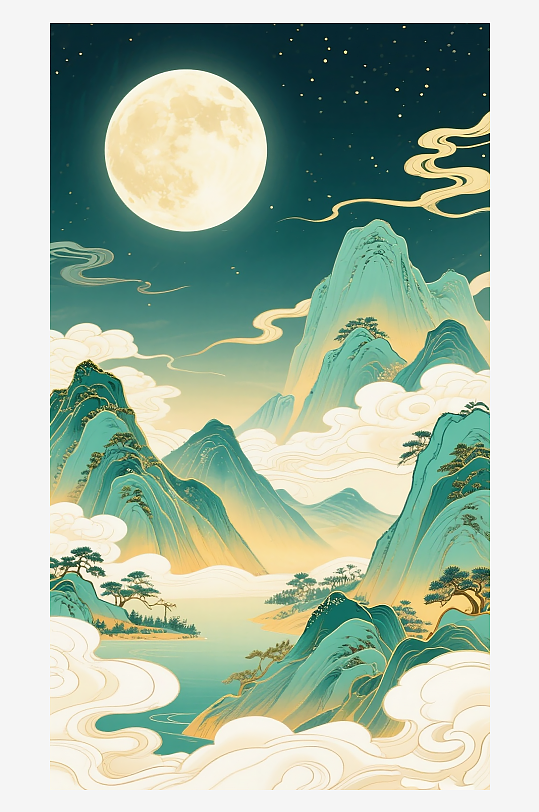 国潮中国风中秋山水插画