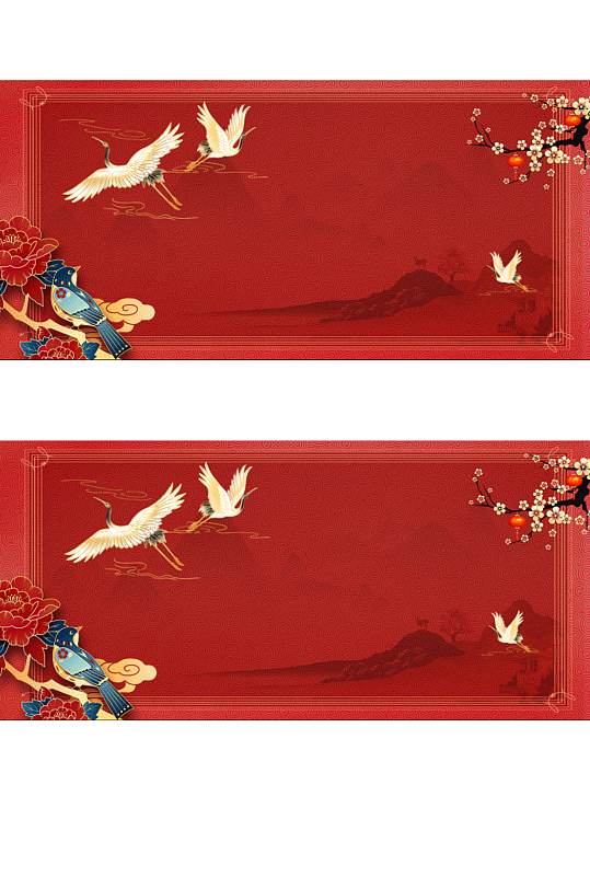 a4国潮红色仙鹤花鸟背景图片