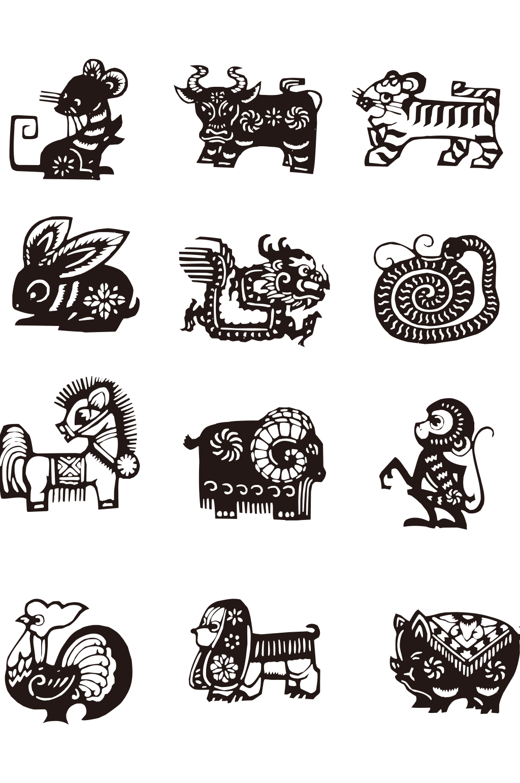 十二生肖剪纸矢量素材