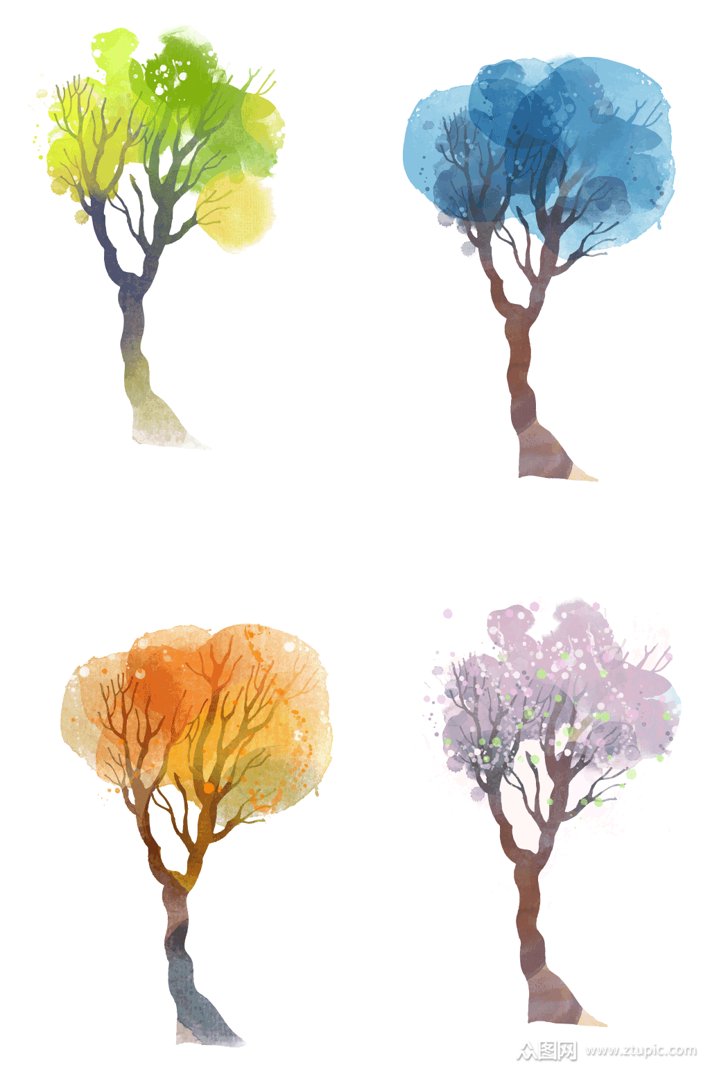 四季水彩树木矢量素材大树矢量图