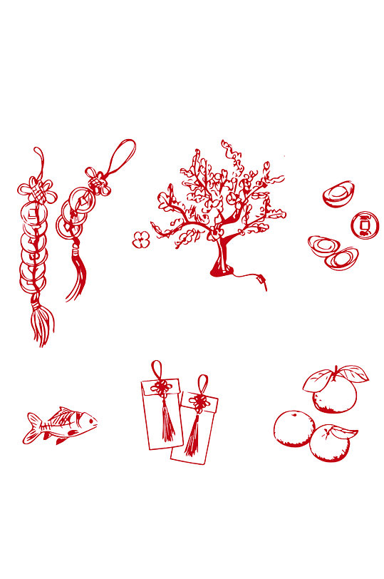 钱币摇钱树元宝柿子鱼卡通手绘素描画简约童真星球创意底纹元素立即