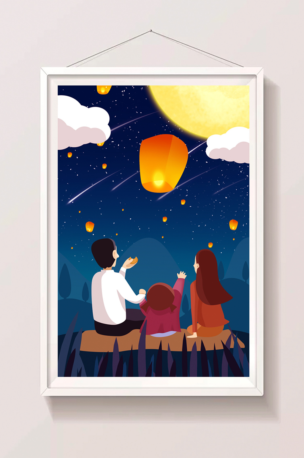 卡通家人赏月中秋节插画素材
