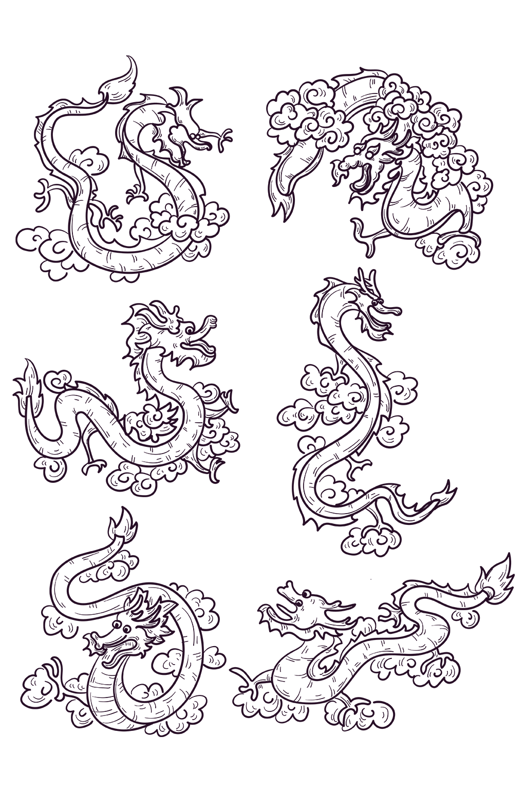 手绘矢量线描中国龙装饰