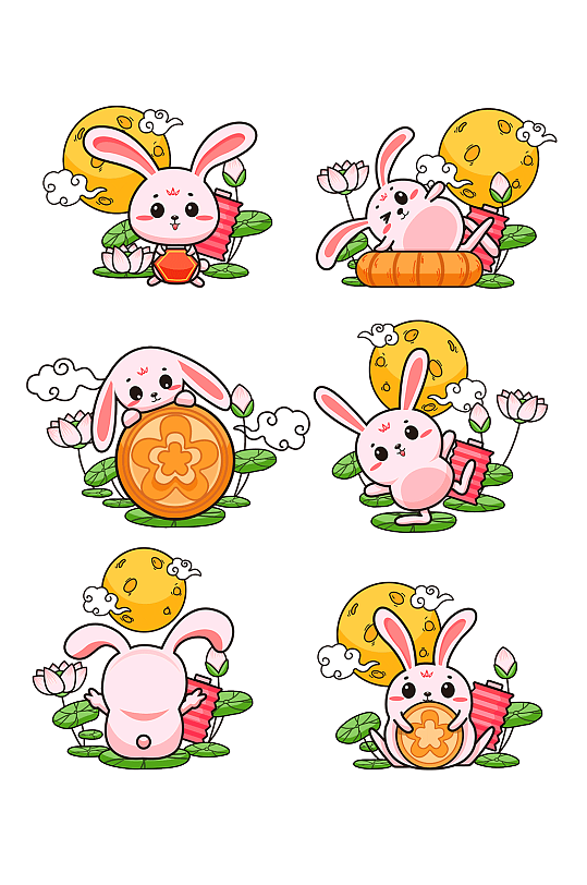 中秋卡通手绘兔子月饼素材