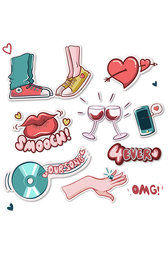 彩绘爱情元素贴纸矢量素材