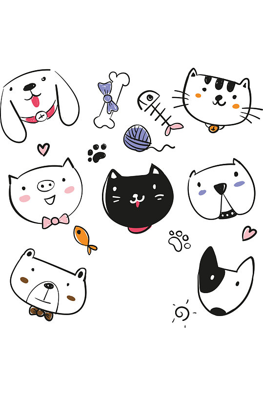 手绘可爱动物头像矢量素材