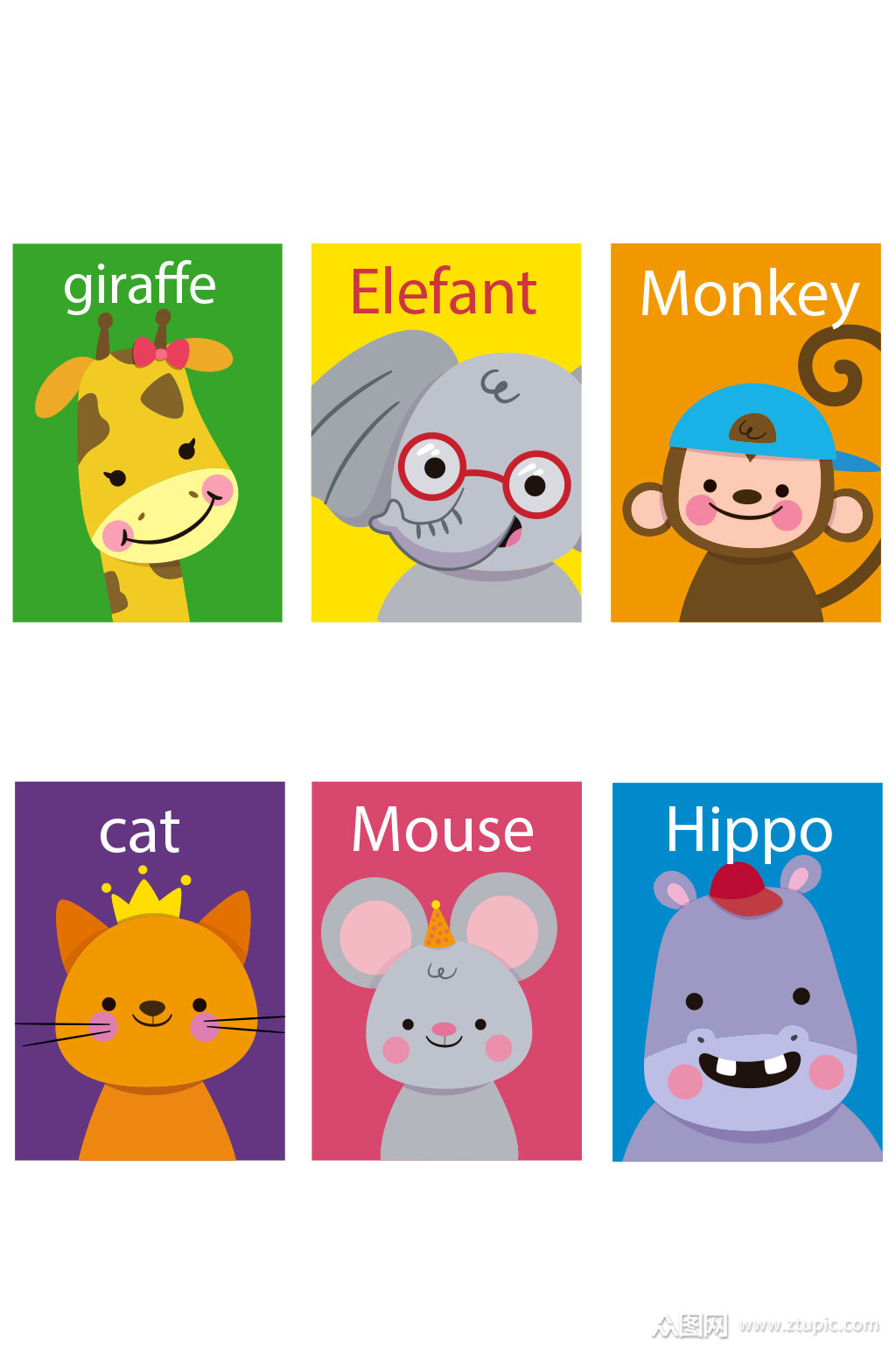 可爱微笑动物卡片矢量素材