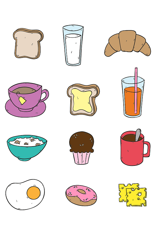 彩绘早餐食物矢量素材