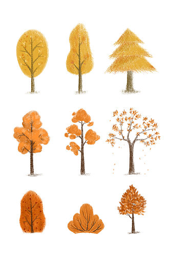 卡通手绘蜡笔风秋天的树木植物森林