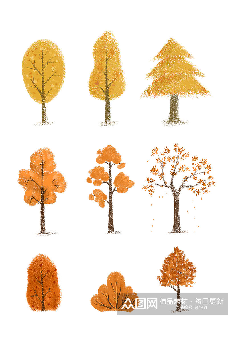 卡通手绘蜡笔风秋天的树木植物森林素材