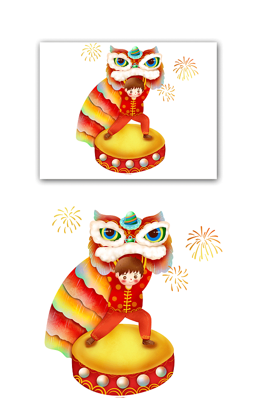 新年春节手绘喜庆舞狮卡通人物PNG素材