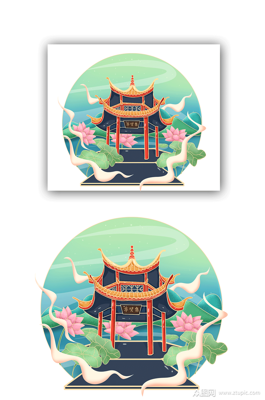 工笔风杭州西湖集贤亭旅游山水景点