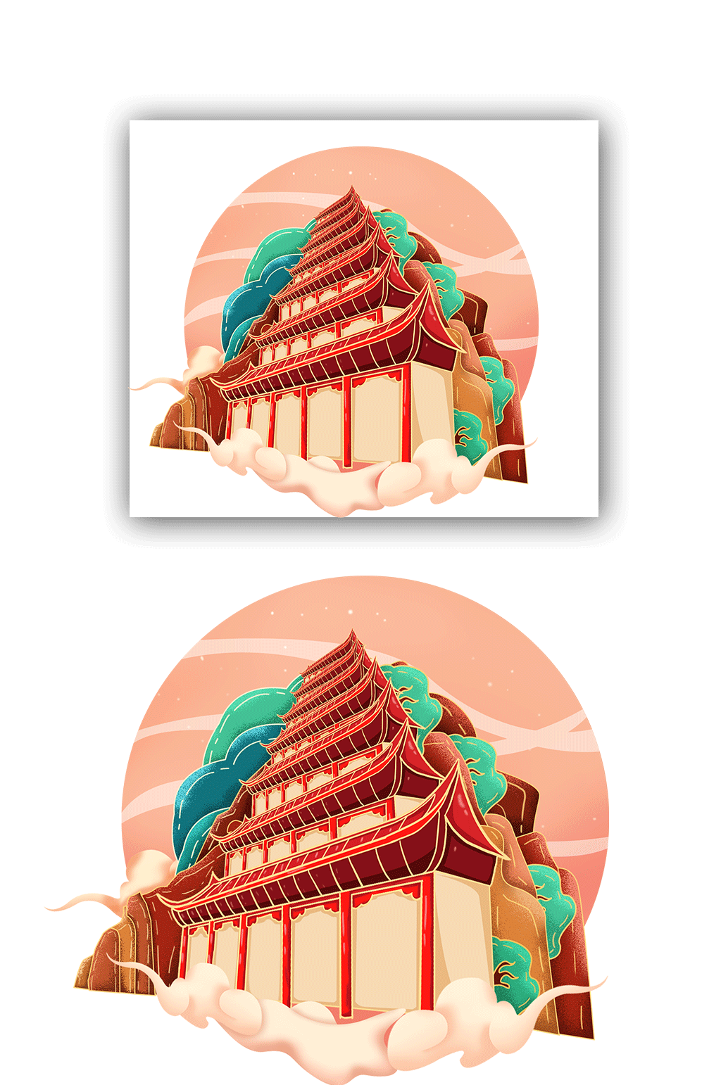 工笔风敦煌莫高窟旅游景点元素素材