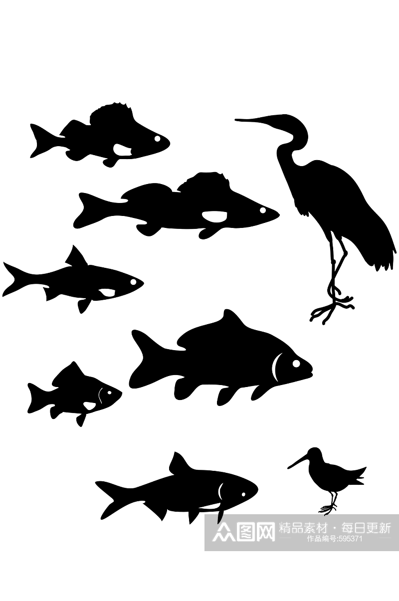 卡通手绘鱼类剪影素材素材