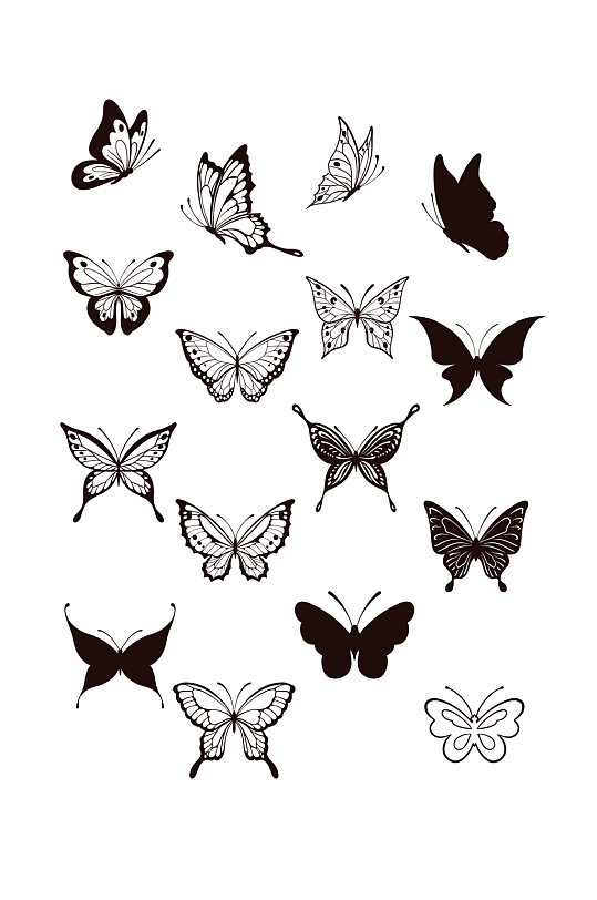 手绘黑白蝴蝶素材
