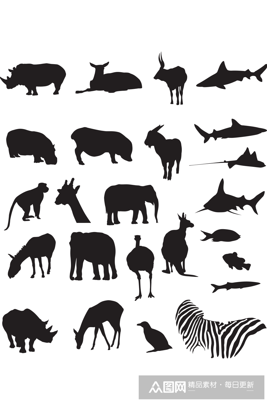 多款陆地海洋动物黑白剪影矢量素材
