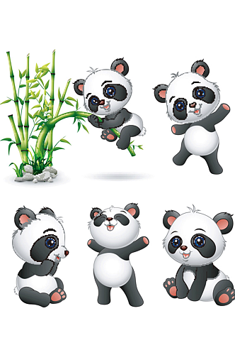 骑着竹子玩耍的可爱卡通大熊猫矢量素材