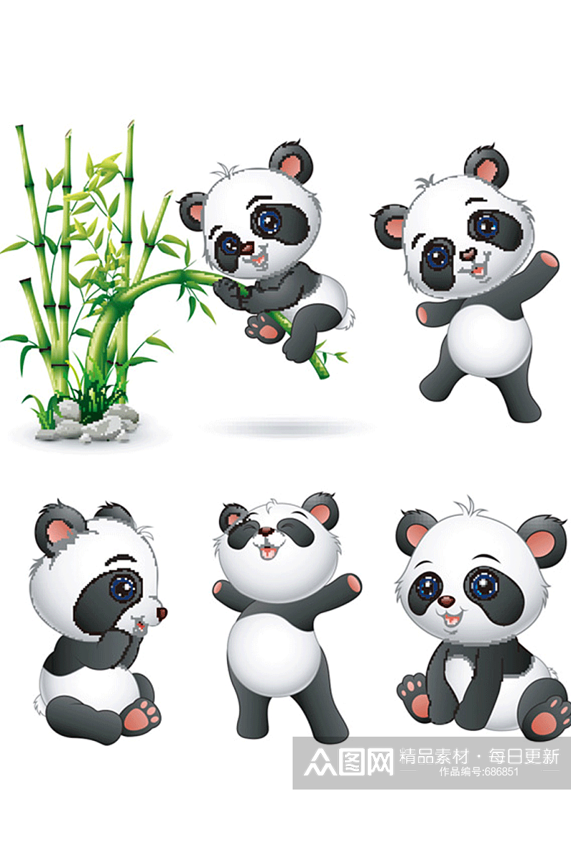 骑着竹子玩耍的可爱卡通大熊猫矢量素材素材