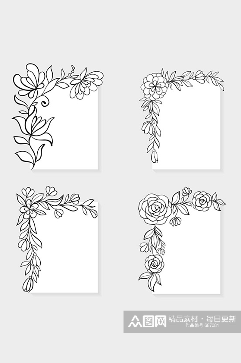 黑白手绘植物花纹边角边框矢量素材素材