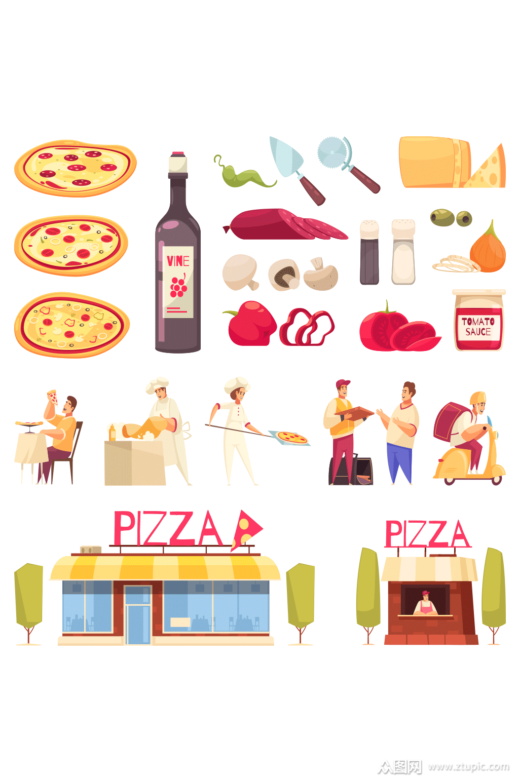卡通手绘披萨面点店矢量素材