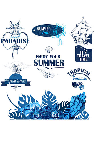 海洋热带岛屿海滩旅游度假标签素材