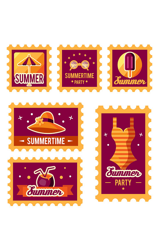 夏季标志插图暑假邮票素材