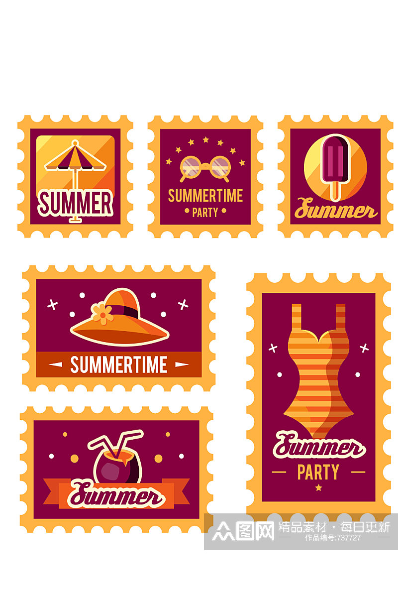 夏季标志插图暑假邮票素材素材