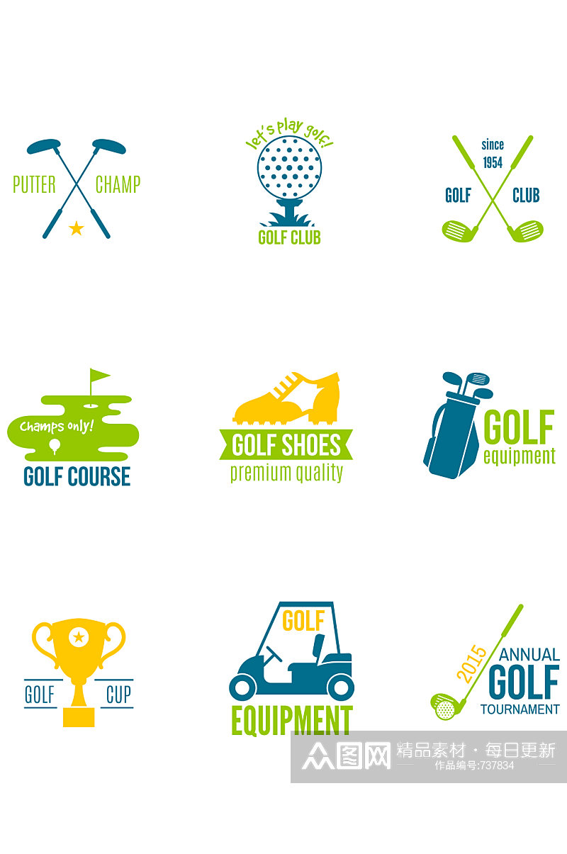 高尔夫俱乐部锦标赛和设备标签素材素材
