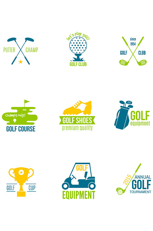 高尔夫俱乐部锦标赛和设备标签素材