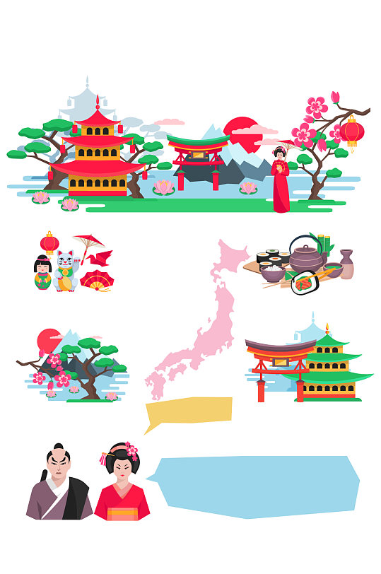 日本手绘彩色景观习俗素材