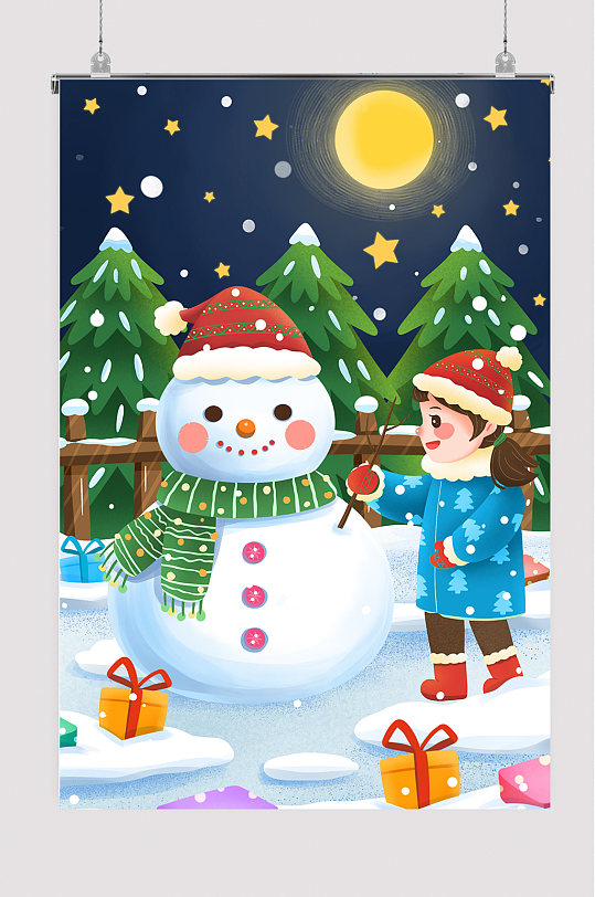 圣诞平安夜堆雪人的女孩插画
