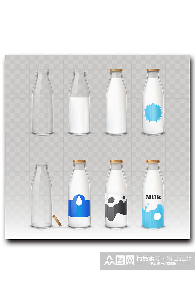 一套带有不同标签牛奶的玻璃瓶矢量素材