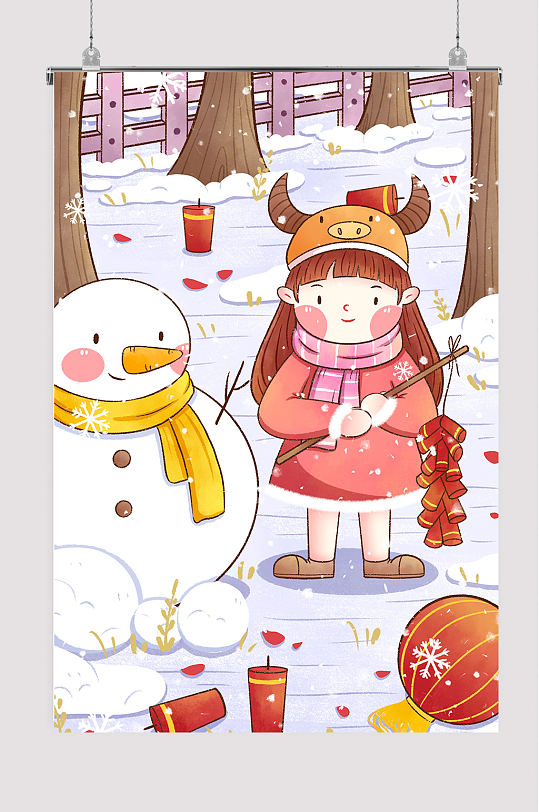 清新元旦女孩拿着鞭炮插画