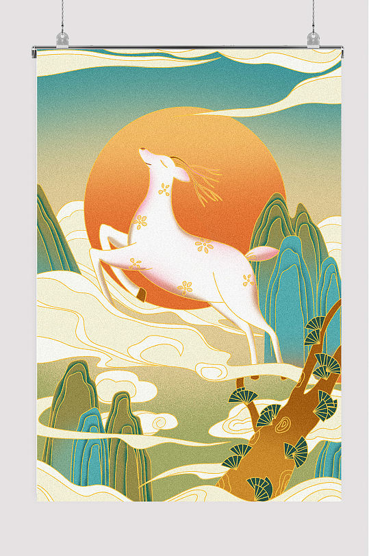 中国风国潮白鹿古风山水插画-众图网