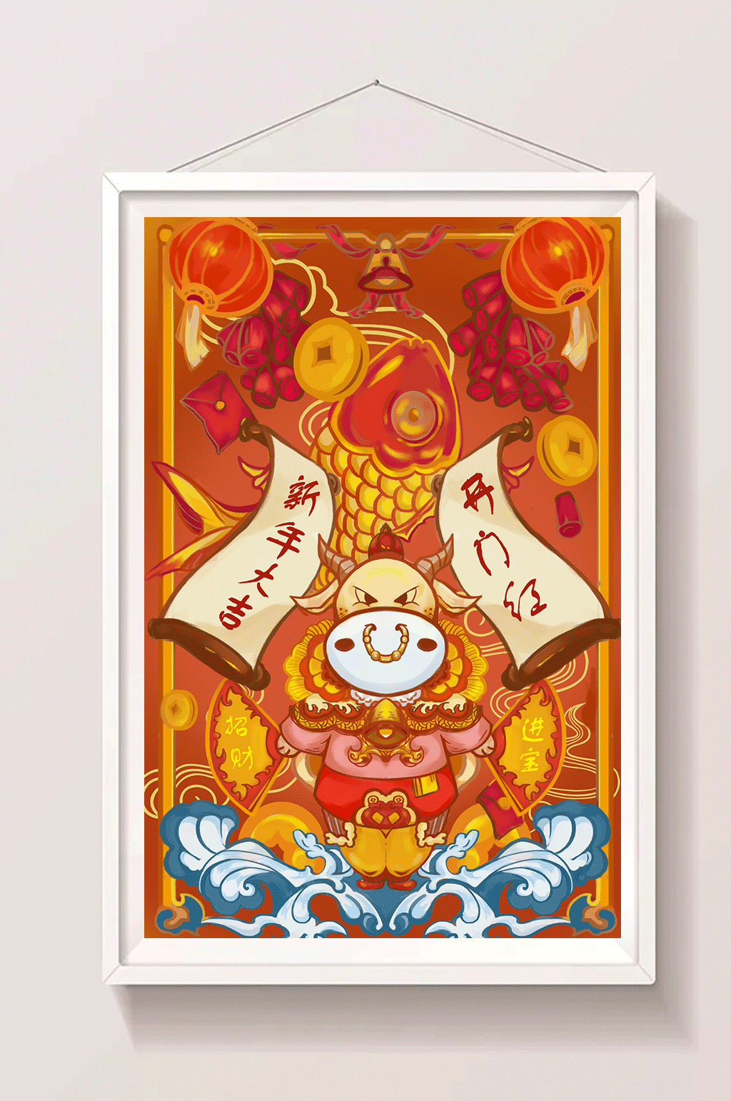 红色喜庆牛年贺新春插画素材