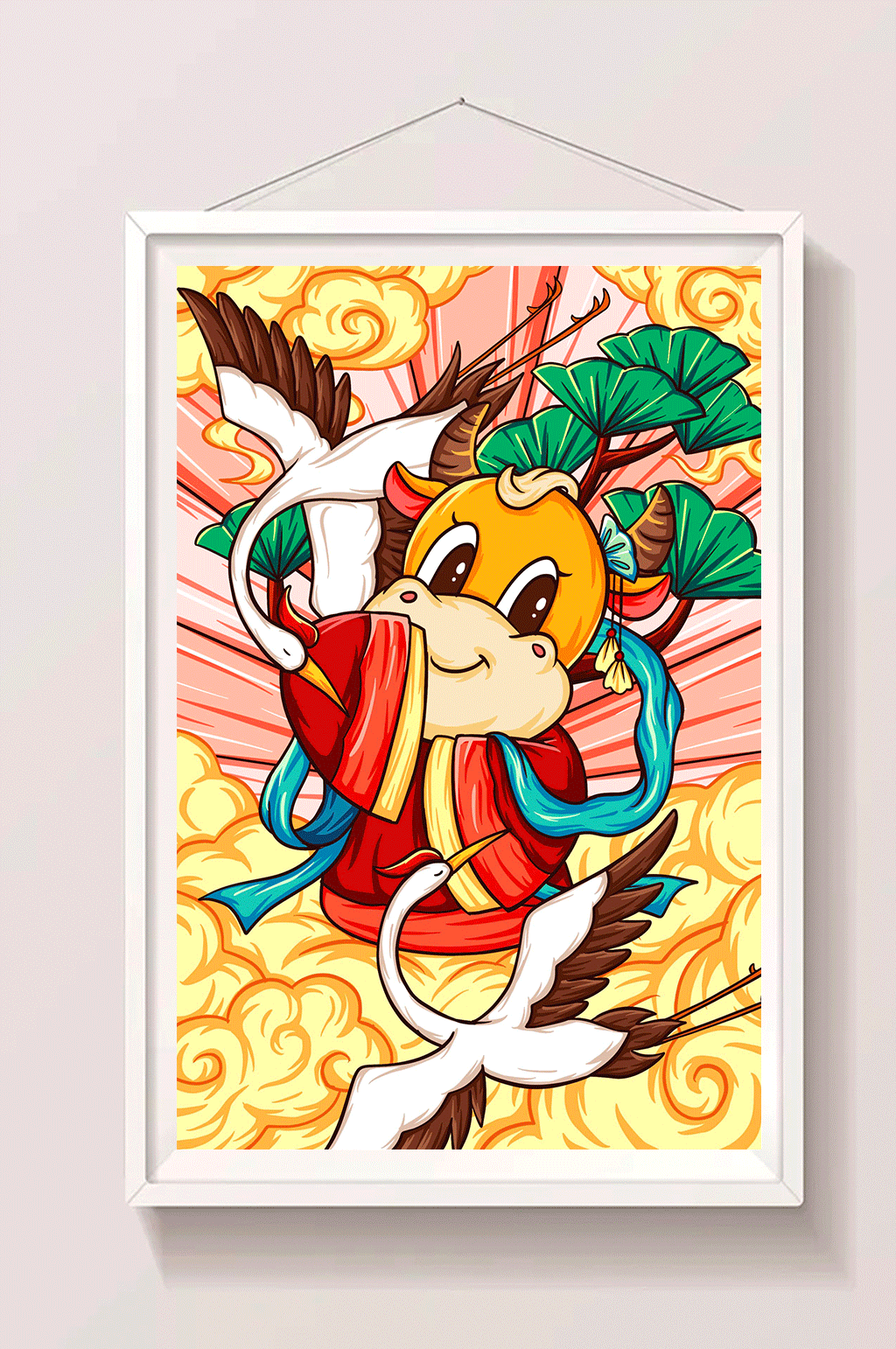 红色喜庆中国风国潮牛年年画插画素材