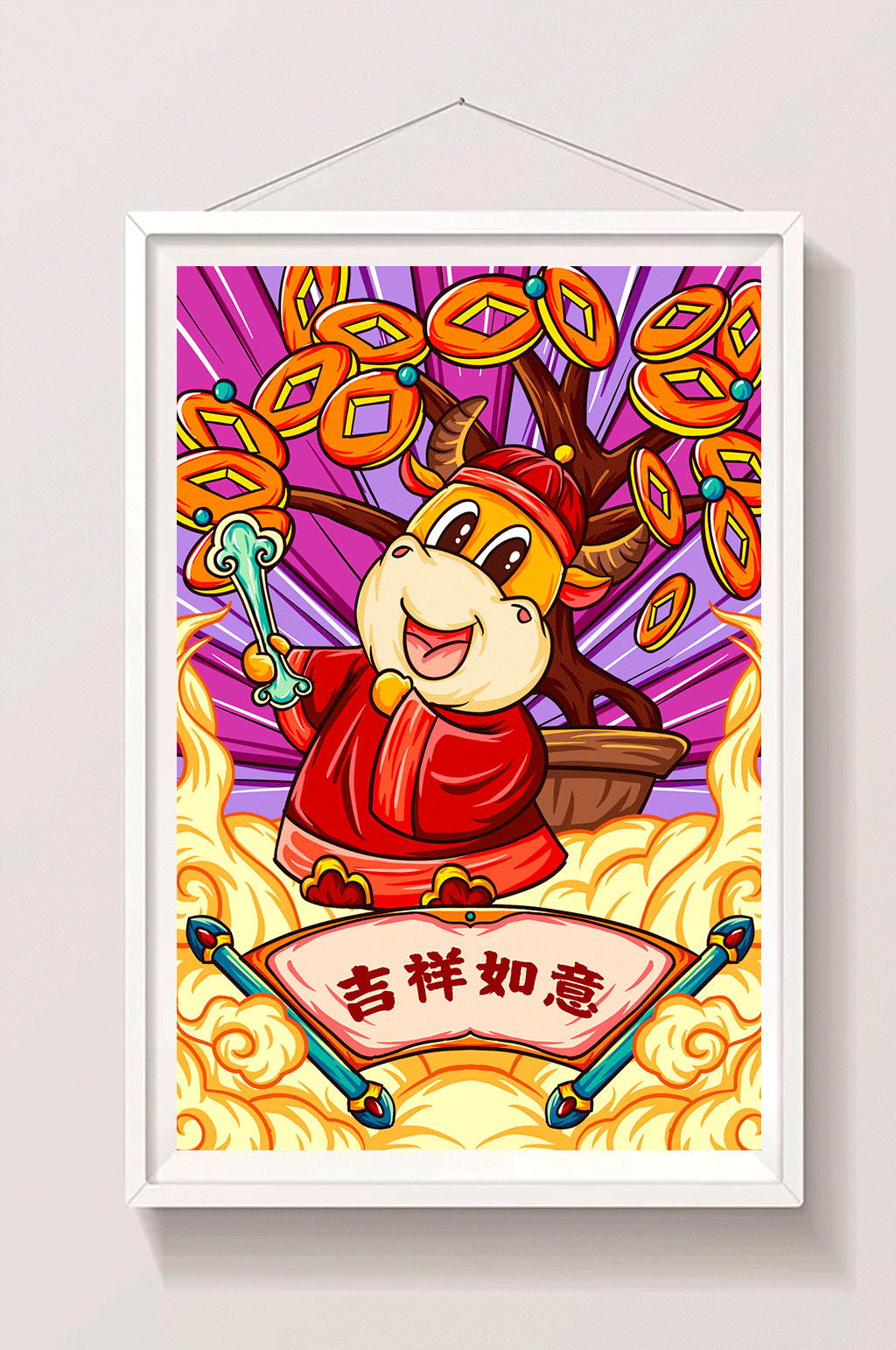 红色喜庆中国风牛年年画贺图插画素材