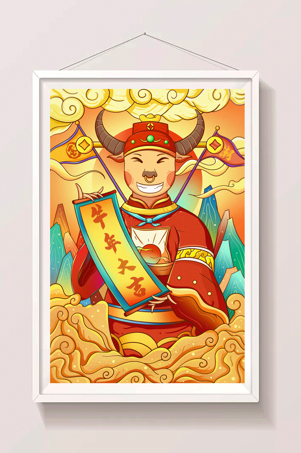 国潮中国风牛年春节年画肌理插画素材
